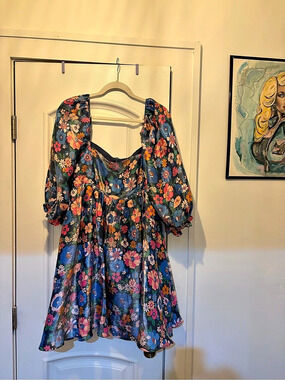 Vestique Falling Leaves Dress Floral Puff Sleeve Mini Dress Blue & Multicolor